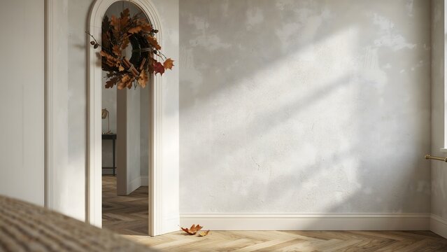 Limewash textured wall beside arched door with fall wreath &ndash; Perfect for interior mockups, autumn hospitality, or home design.