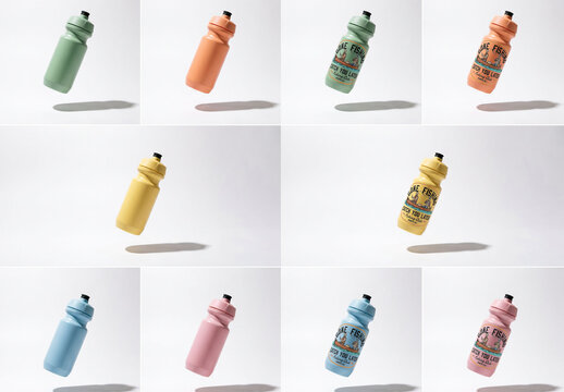 Several water bottles in different colors Mockup