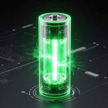 A futuristic high capacity lithium ion battery cell glowing with vibrant green neon energy storage light in a dark technological setting, voltage, glowing, technology
