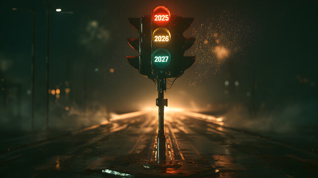 New Year's Countdown Traffic Light: A traffic signal displays upcoming years 2025, 2026, and 2027 on its lights, symbolizing new beginnings, the passage of time.