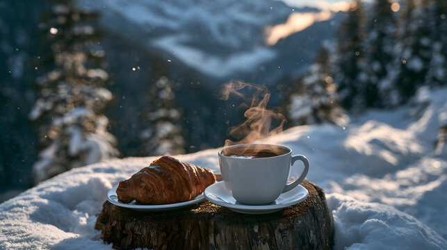 A Warm Start to a Winter Morning: A steaming cup of coffee and a flaky croissant sit on a rustic wooden stump amidst a pristine snowy landscape.
