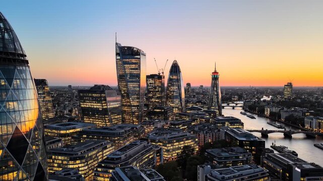 Cinematic aerial view of London cityscape at dusk with Gherkin building and Thames river