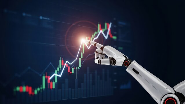 A robotic hand pointing at a glowing digital stock market chart with rising candlestick patterns on a dark blue background interface
