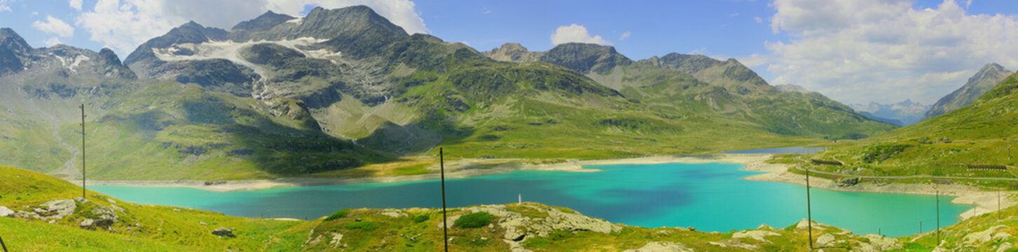 Wide panorama at the the Bernina Pass and lake Lago Bianco, Canton of Graub&uuml;nden (Grisons), Switzerland. 