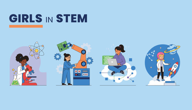 Set of illustrations empowering girls in stem careers showing research engineering coding and space travel.