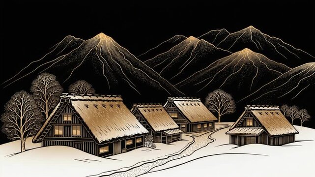 金墨の雪景色から現れる山里の集落 静かな余韻 横長動画