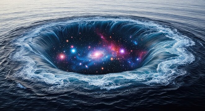 A massive oceanic vortex swirls in deep indigo water, opening a gateway to a vibrant cosmic landscape filled with distant stars and nebulae, glowing, dark, liquid
