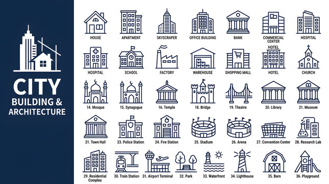City Building & Architecture Icons: A comprehensive collection of line art icons representing various city buildings and architectural structures, illustrating urban diversity and functionality.