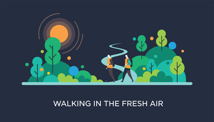 Naklejka premium Active couples hiking along a winding forest path under a glowing sun in a clean fresh air environment.