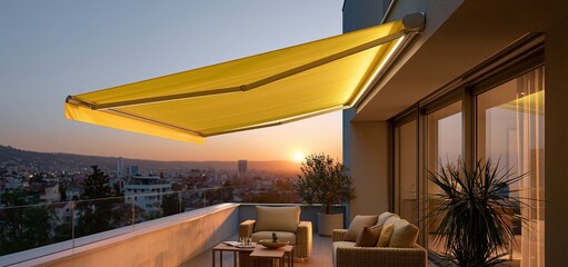 Fototapeta premium A modern balcony at dusk featuring a vibrant yellow foldable canopy and a warm city skyline.