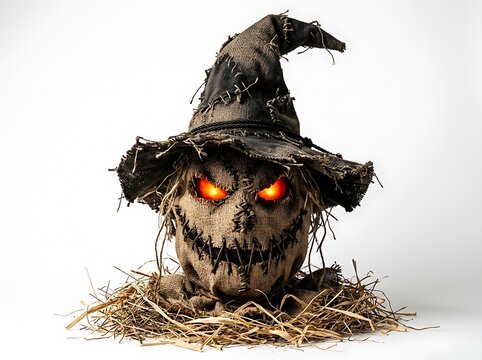 Spooky halloween witch hat with glowing eyes and straw texture on white background