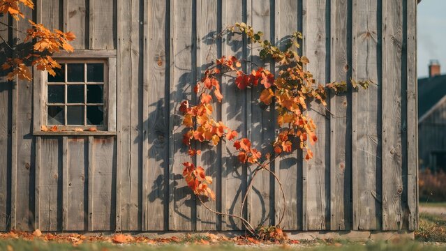 Weathered barn wooden wall with climbing orange fall vine &ndash; Ideal for rustic themes, countryside autumn, or harvest season design.