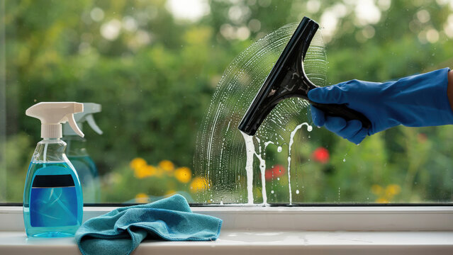 A hand wearing a blue rubber glove uses a squeegee to clean a glass window with soapy water for maintenance with protective glove cleans person wearing