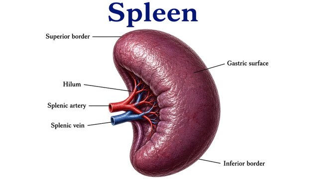 Human Spleen Anatomy Showing Gastric Surface Hilum Splenic Artery and Splenic Vein
