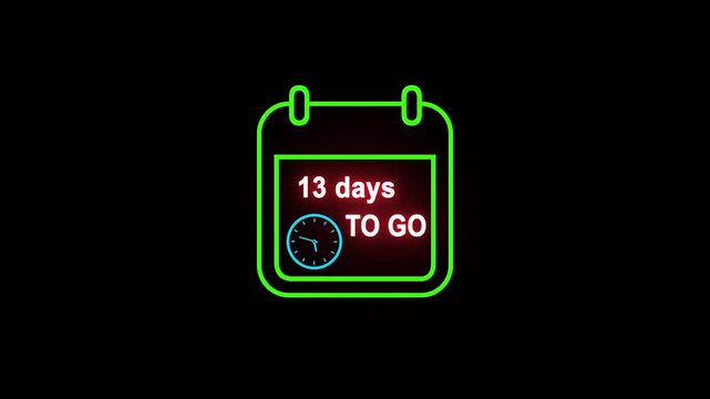 13 days to go animated icon. clock and black background. and creating a stunning video 4K.