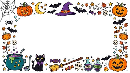 Fototapeta premium Festive halloween border with pumpkins witches bats and spooky elements