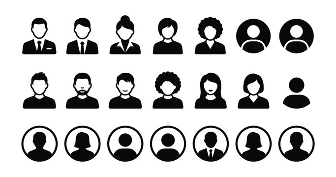 A collection of diverse user profile avatar icons featuring various hairstyles and clothing styles presented in a simple black and white graphic