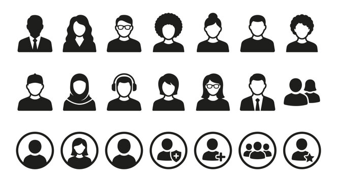 A comprehensive collection of diverse user profile icons representing various people and team roles for website interface design and digital communication user