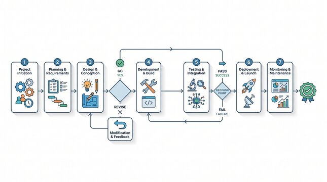 Clean blue infographic showing a step-by-step project lifecycle with minimalist icons, flat style.
