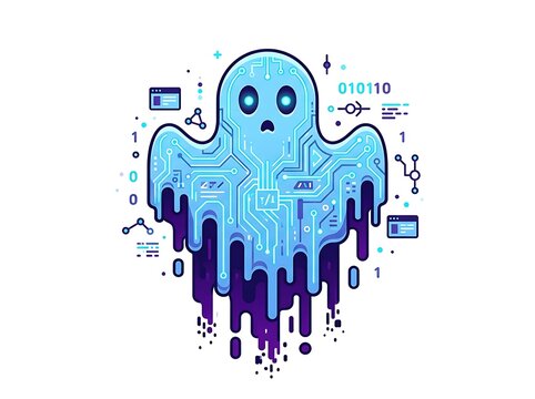 Digital ghost illustration with glitch effect and dripping code on white background