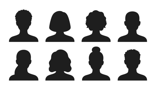 A collection of eight diverse human head silhouettes showing various hairstyles and genders arranged in two rows on a plain white background