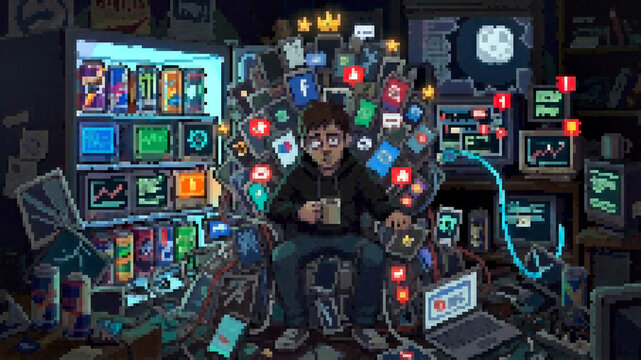 Pixel art illustration of a tired young man sitting on a throne made of smartphones and social media icons in a chaotic room, representing digital addiction and internet culture