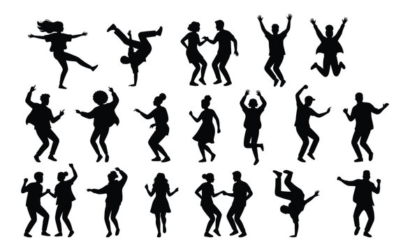 Diverse group of people enjoying a lively dance party with joyful energy and dynamic movement in silhouette