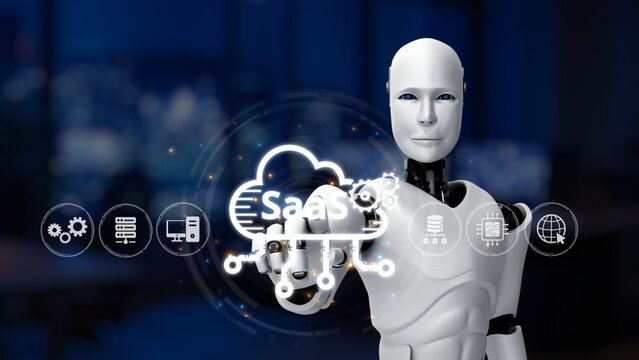 A humanoid robot engages with a dynamic cloud technology graphic, symbolizing advancements in software as a service and digital transformation in modern business practices. Synapse