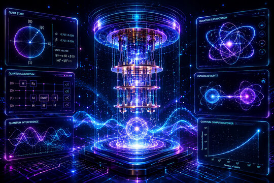 Quantum computing visualization with ethereal glowing neon effects in cyan-purple-white, advanced computing power aesthetic showing cutting-edge technology