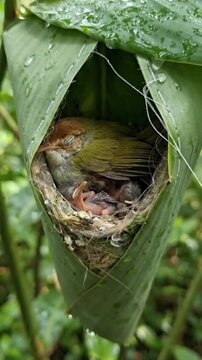 Tailorbird sleeping with newborn chicks in green leaf nest wet with raindrops in wild tropical nature wildlife shelter outdoor natural habitat motherly care.
