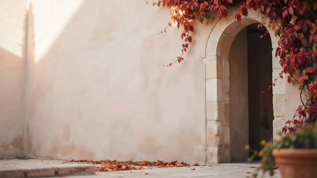 Warm limewash wall with arched stone doorway and crimson leaves &ndash; Great for hospitality promotions, autumn background, or luxury lifestyle.