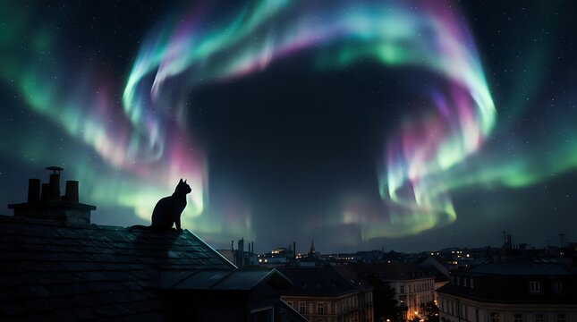 Northern lights dancing above silhouetted cat sitting on rooftop
