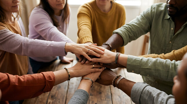 Diverse Hands Stacked Together Symbolizing Teamwork Unity Support