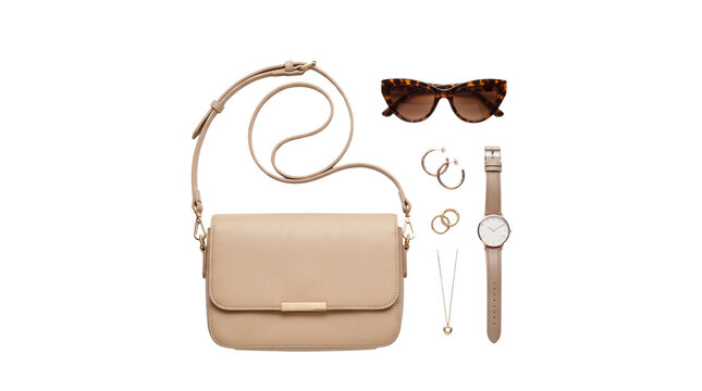 Minimalist beige leather handbag with fashion accessories, stylish flat lay of womens jewelry and sunglasses on white background