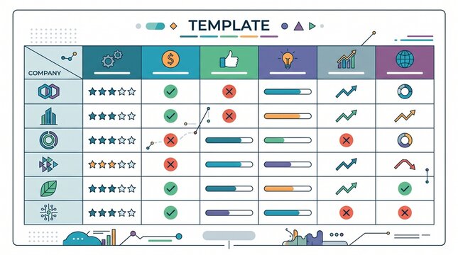 Minimalist flat business dashboard template, matrix with data icons, star ratings, and progress bars