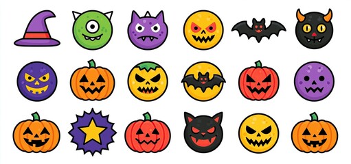 Obraz premium Halloween flat icons featuring spooky monsters, pumpkins, and bats for seasonal marketing and event promotions.