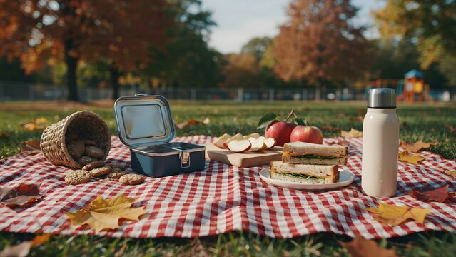Back to school autumn picnic on checkered blanket &ndash; Ideal for family lifestyle, outdoor autumn activities, or school promotions.