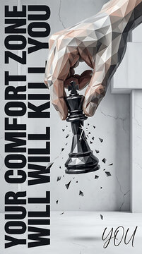 Hand crushing a chess piece representing the destruction of comfort zones and overcoming personal limitations with crushed hand