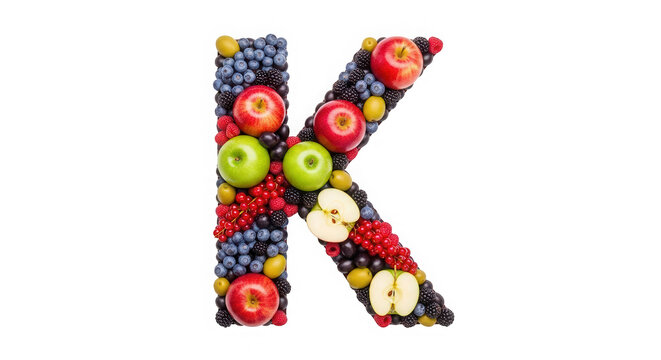 Letter K made of fresh mixed fruits and berries on a flat surface isolated on transparent background