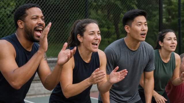 Diverse group of athletes cheering and clapping during outdoor team sports competition. Community fitness, teamwork, motivation, and active lifestyle concept.