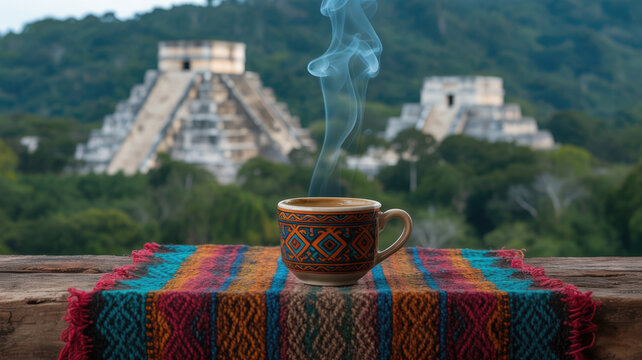 A steaming ceramic coffee cup sits on a colorful patterned textile with ancient stone pyramids with stone structures background coffee rests traditional