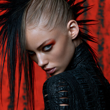 surreal retro punk woman with wild mohawk hairstyle, rebellious 1980s underground aesthetic, vintage punk fashion collage, eccentric vintage punk subculture
