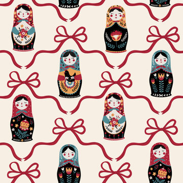 Seamless folk pattern with Russian nesting dolls and flowing red bows. Colorful matryoshka dolls feature floral ornaments, traditional motifs and decorative details on a cream background.