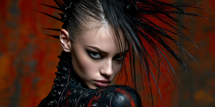 surreal retro punk woman with wild mohawk hairstyle, rebellious 1980s underground aesthetic, vintage punk fashion collage, eccentric vintage punk subculture