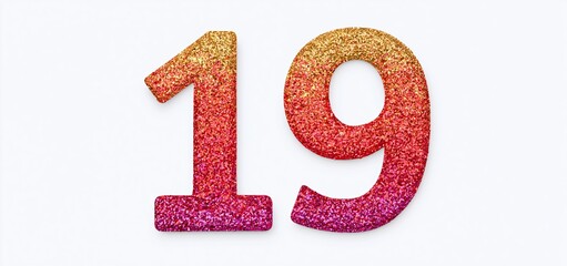 Naklejka premium A white background highlights the vibrant number 19 created with shimmering gold and red glitter for festive occasions.