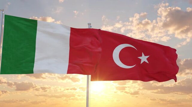 Italy and Turkey Flags Waving Together at Sunset, Friendship, Diplomacy