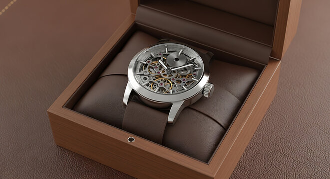 Luxury skeleton watch in wooden box presentation mockup, blank spaces for text