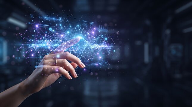 A close up view of a woman finger touching a glowing futuristic digital interface showing complex data analytics and network connections visualization