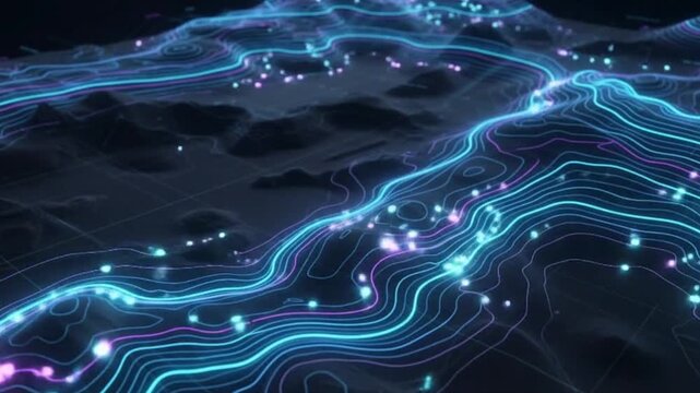 Glowing particles travel across contour lines on a digital topographic map, creating a futuristic GIS background for geospatial data, terrain analysis and navigation.
