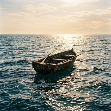 Empty wooden rowboat floating on ocean at sunset.